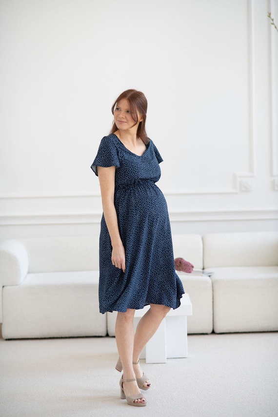 Lovely Dress Rochie midi de maternitate si alaptare, maneca scurta, Milk&Love, bleumarin cu buline