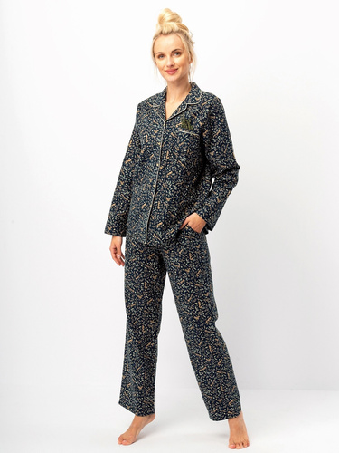 Pijamale dama Key LNS 706, bleumarin - bumbac flanel, maneci lungi, nasturi