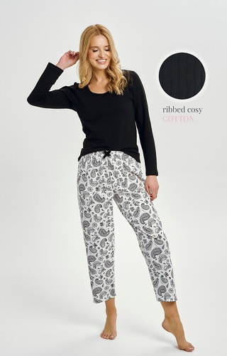 3454 Pijamale de dama Taro din bumbac, negru - maneci lungi, pantaloni cu model