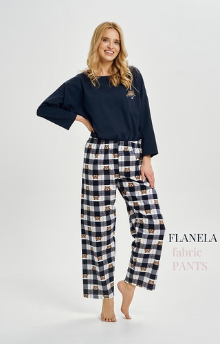 3441 Pijamale de damă Astrid din bumbac Taro bleumarin – mâneci lungi, pantaloni de flanel în carouri