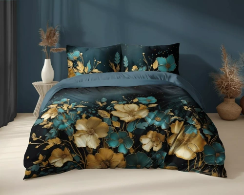 Set de lenjerie de pat din bumbac 5118 A Holland Detexpol, auriu închis și flori turcoaz – 100% bumbac, față-verso, producție poloneză