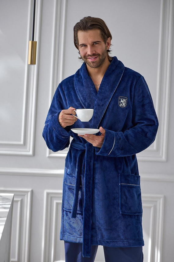 L&L Elegant 2664 Halat de baie bărbați scurt, moale, cu model wafel și guler, navy