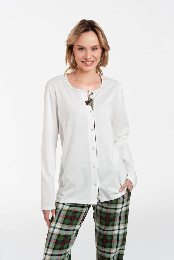 Asama Pijama de damă descheiată cu mânecă lungă, pantaloni lungi Italian Fashion - ecru/print