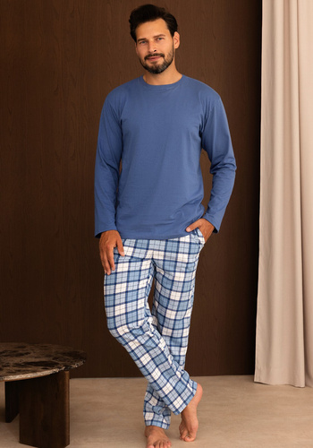 Pijamale bărbați Regina 6006 100% bumbac, pantaloni lungi în carouri - albastru