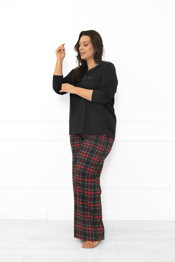 Pijama pentru femei Italian Fashion din bumbac melange închis, cu mânecă lungă și pantaloni, în carouri 