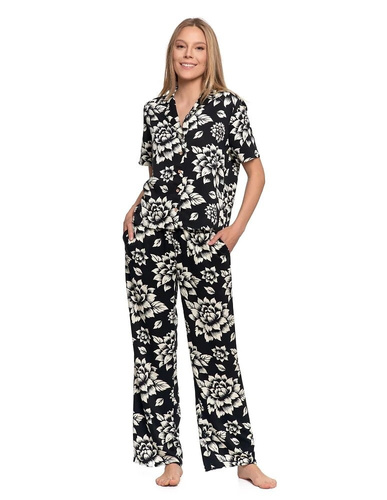 PDD5500-006 Pijama Moraj neagră – viscoză, mâneci scurte, închidere cu nasturi, motiv floral