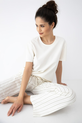 Pijamă damă Soleil Sensis ecru-bej, bumbac, mânecă scurtă, pantaloni lungi