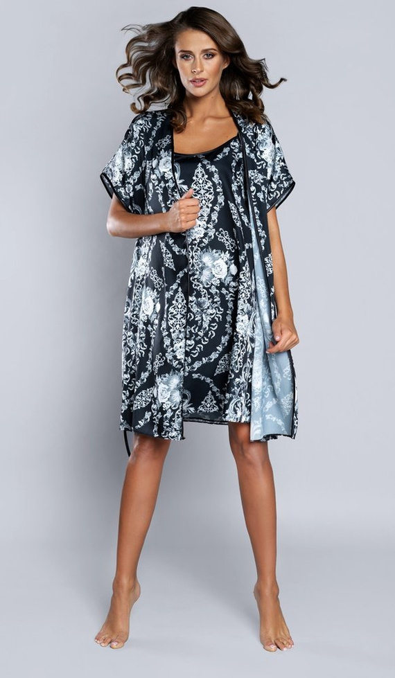 Halat cu mânecă scurtă pentru femei Silver Satin Italian Fashion - albastru marin