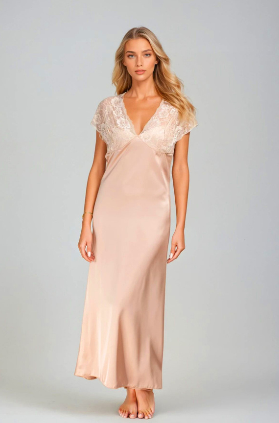 Mactan satin slip by Kalimo - cămașă de noapte lungă cu dantelă, nude 
