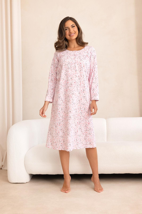 Cămașă de noapte Regina 021 100% bumbac mânecă lungă model floral - roz