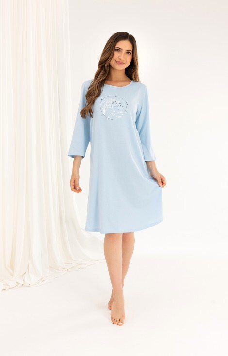 Cămașă de noapte din bumbac 167 albastru – mâneci 3/4, imprimeu, evazat, deasupra genunchiului