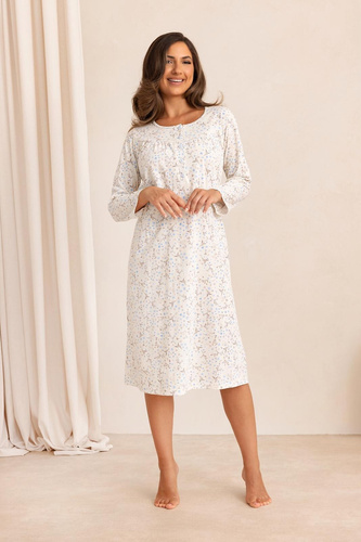 Cămașă de noapte Regina 021 100% bumbac mânecă lungă model floral - ecru