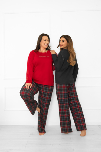 Pijama pentru femei Italian Fashion din bumbac melange închis, cu mânecă lungă și pantaloni, în carouri 