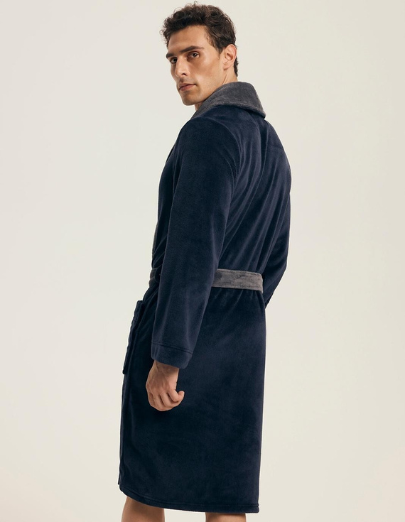 Halat de baie bărbătesc Henderson 43378 Nocturn - bleumarin, legat în talie, tricotat moale