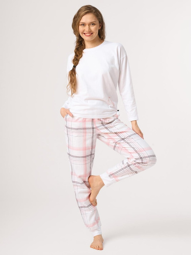Pijamale damă Key LNS 416 alb – pantaloni din flanelă în carouri, 100% bumbac