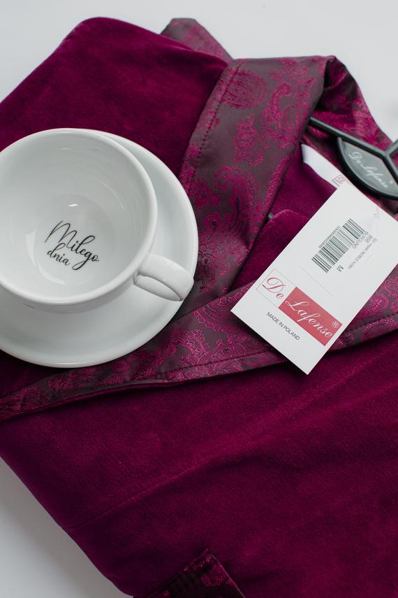 866 Noble Halat de baie de catifea De Lafense pentru bărbați - scurt, elegant, bumbac - burgundy