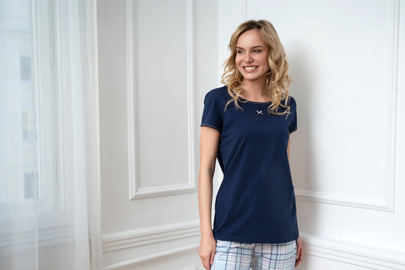 Glamour Ladies' pijama cu mânecă scurtă și pantaloni lungi Italian Fashion - albastru navy/print