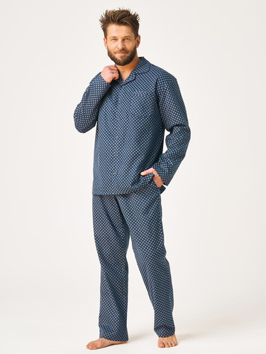 Pijamale bărbați Key MNS 432 jeans din flanel 100% bumbac, lungi cu nasturi