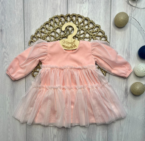 Rochie fete Mamatti SZ351 din bumbac cu tulle mânecă lungă - piersică