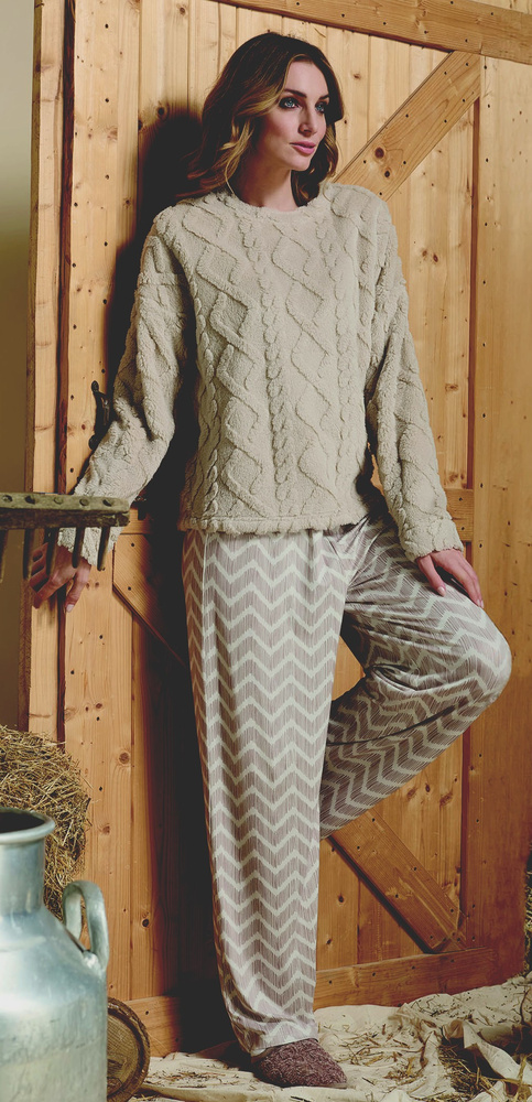 Pijamale Sofie Sorbetto bej pentru femei - Sherpa călduroasă, Palazzo, elegante și moi