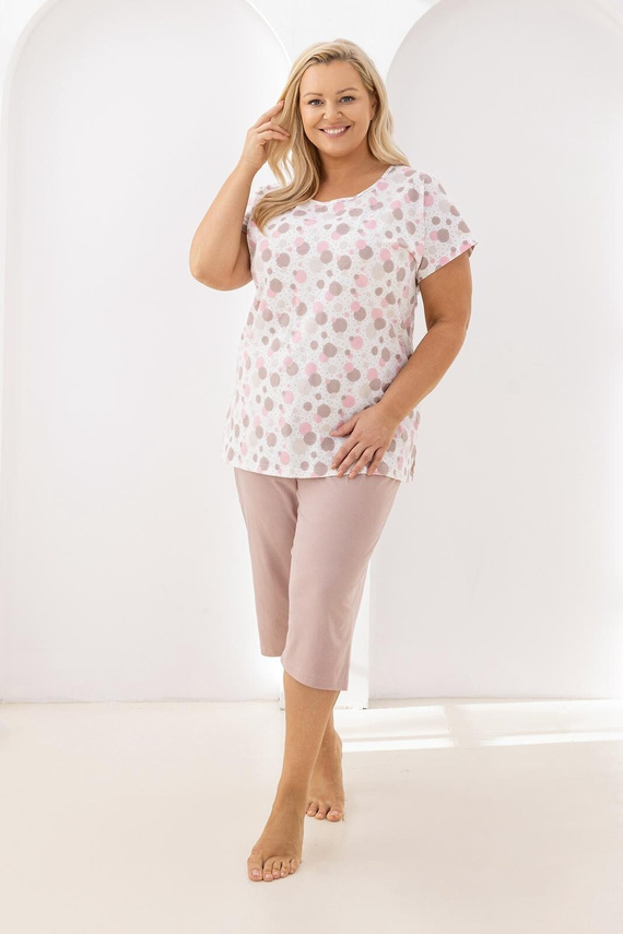 Pijama Damă Regina 730 din 100% Bumbac – Tricou cu Buline Colorate, Mânecă Scurtă, Pantaloni 3/4, Confort de Vară