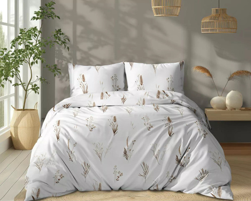 Set de lenjerie de pat din bumbac 5771 B Cotton Bloom Detexpol, alb cu iarbă și spic maro și bej – 100% bumbac, față-verso, producție poloneză
