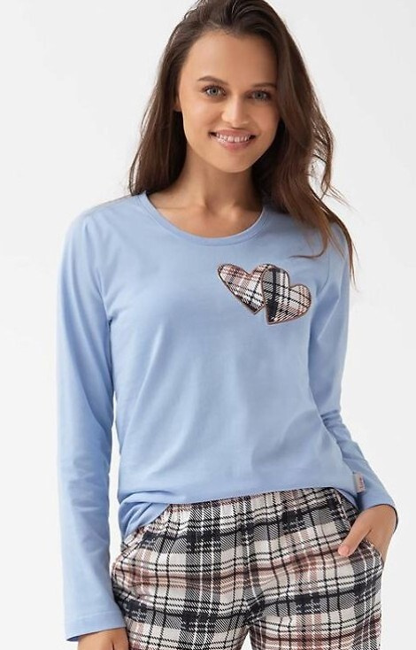 322 Luna albastru – pijamale de damă din bumbac, inimioare, mâneci lungi, pantaloni în carouri
