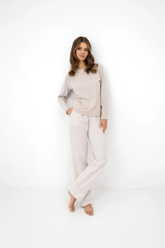 Pijamale damă Sensis Lyanna bej, bumbac, pantaloni lungi cu imprimeu floral