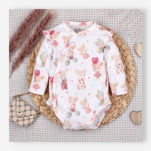 Set bebeluși NINI Little Mouse bumbac organic body pantaloni căciuliță fete