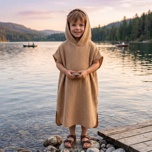 Poncou pentru copii Nicol 224393 din mușelin 100% bumbac cu glugă - caramel