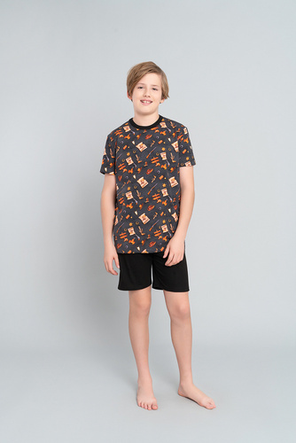 Western Boys' pijama cu mânecă scurtă, pantaloni Italian Fashion- grafit / negru