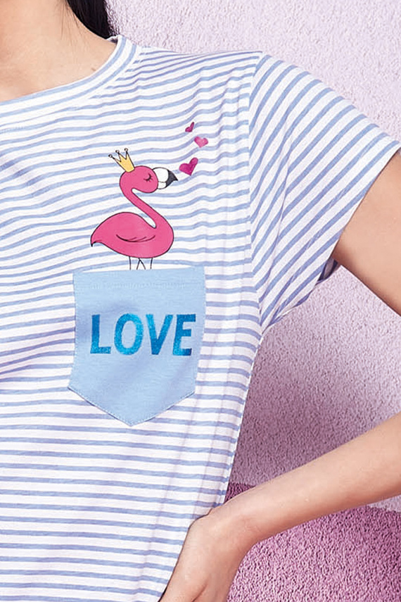 Cămașă de noapte Oxxana Blue – 100% bumbac, dungi și volane