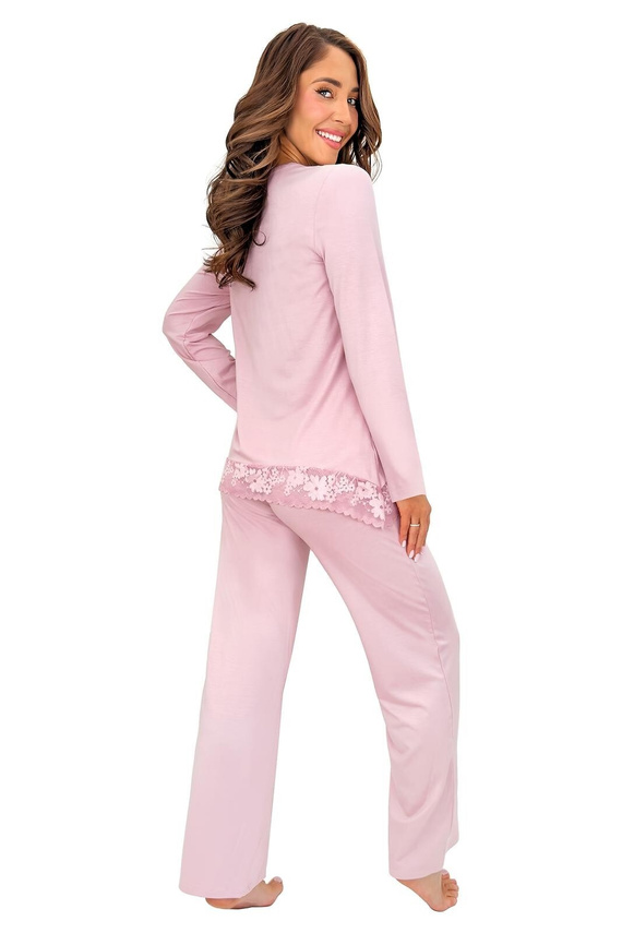 Pijamale damă Donna Ramona Long vâscoză dantelă roz pudrat mânecă lungă pantaloni lungi