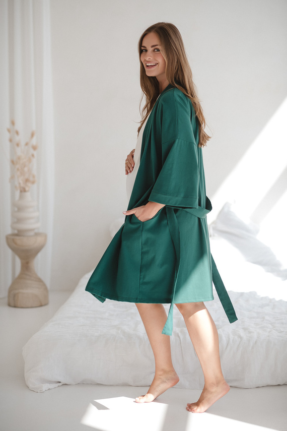 Halat de baie maternitate Milk&Love, verde sticlă – bumbac cu elastan, confortabil, mâneci 7/8