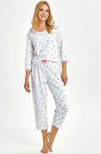 Pijamale dama Elodie 3432 Taro, bumbac alb, maneci 3/4, confortabile