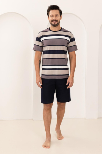 Pijama Bărbați 501 Regina – 100% Bumbac Natural, Tricou cu Dungi & Pantaloni Scurți, Confort pentru Nopți de Vară