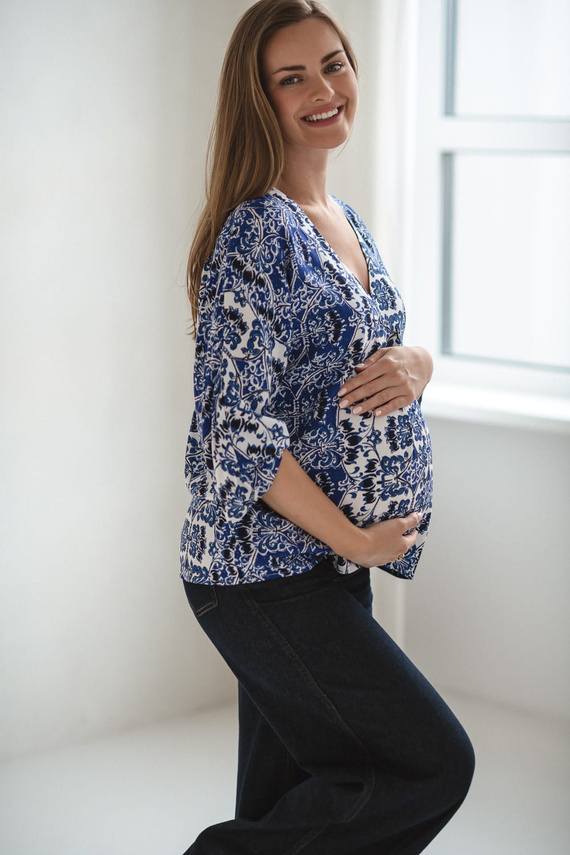 Bluză de alăptare Bahama Mama Maternitate imprimeu Milk&Love Azul – viscoză, mâneci 3/4, oversize