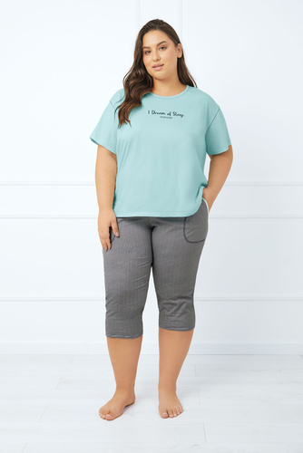 Pijama pentru femei Tarisa cu mânecă scurtă, pantaloni 3/4 Modă italiană - turcoaz deschis/print