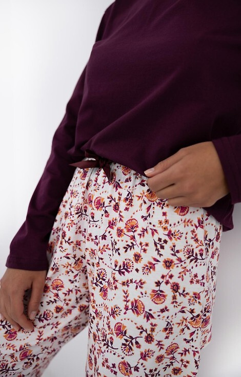 Pijamale pentru femei Heidi Sensis – 100% bumbac, tricou vișiniu, pantaloni cu imprimeu floral