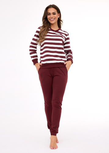 635/468 Cornette Molly 3 pijamale dama | Bumbac, dungi ecru-maro, pantaloni cu buzunare