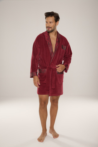 866 Noble Halat de baie de catifea De Lafense pentru bărbați - scurt, elegant, bumbac - burgundy