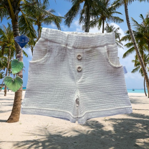 SZ55303 Mamatti pantaloni scurți din mușelin ecru cu buzunare și nasturi pentru vară