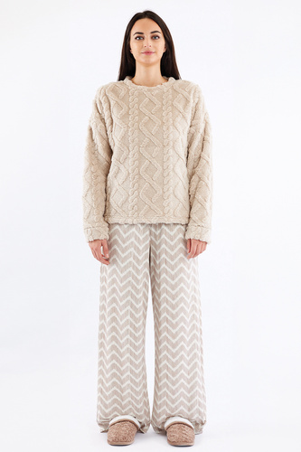 Pijamale Sofie Sorbetto bej pentru femei - Sherpa călduroasă, Palazzo, elegante și moi