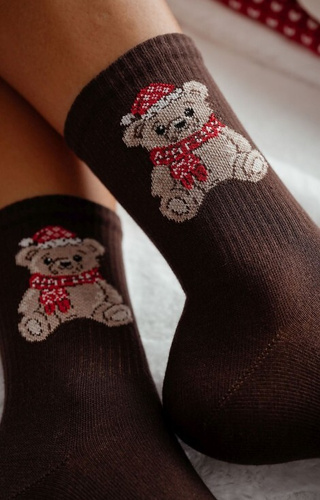 1283-031 Șosete de damă Milena maro - ursuleț de Crăciun, bumbac