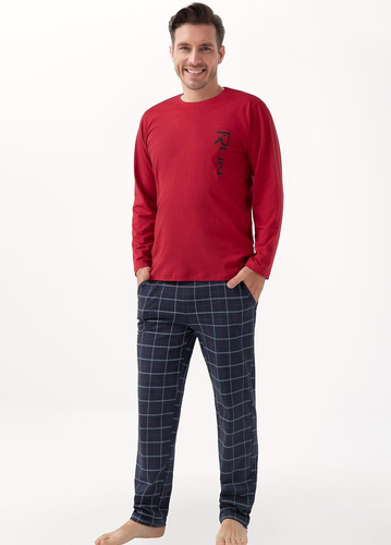 Pijamale bărbați 810 Luna burgundy - bumbac, mâneci lungi, pantaloni cu buzunare