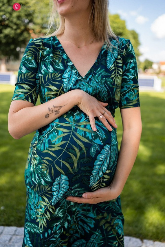 Sukienka ciążowa i do karmienia Two Ways LONG Milk&Love miętowa w magnolie i ptaki