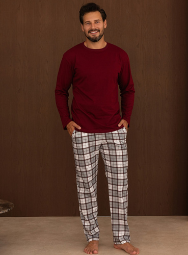 Pijamale bărbați Regina 6006 100% bumbac Pantaloni lungi în carouri - bordo