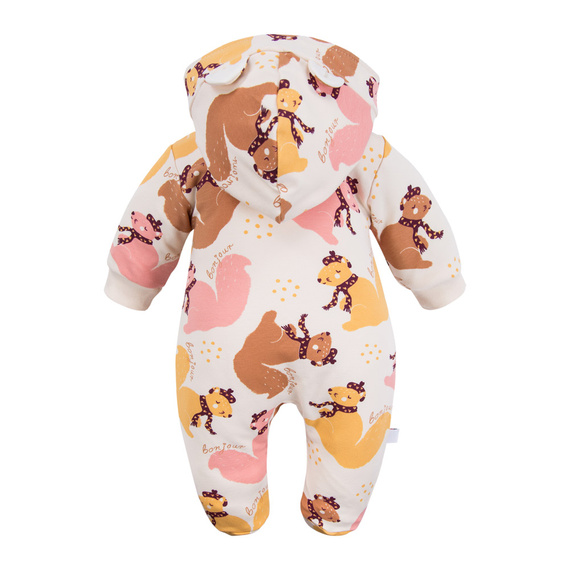 Trenorac pentru copii Fluffy Tails Eevi - ecru, cu picioare si gluga, imprimeu de toamna