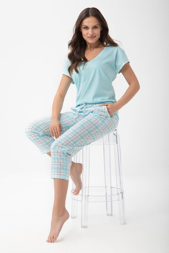 Piżamă damă 1300 Luna bumbac cu mânecă scurtă și pantaloni 7/8 turcoaz