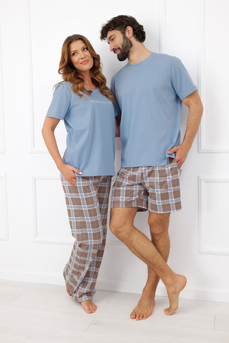 Pijamale damă Italian Fashion Delma 100% bumbac, cămașă în carouri, pantaloni lungi - gri metalizat